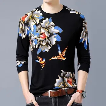 

2020 Spring New Fashion Pullover Flowers Bird Printed Sweater Mens Slim Fit Pull Homme Sweater Mens
