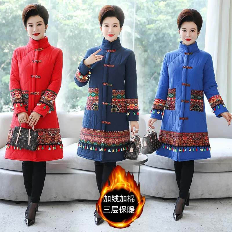 

2019 Winter New Style Ethnic-Style WOMEN'S Dress Retro Printing plus Velvet plus Cotton Warm Large Size Mid-length Cotton-padded