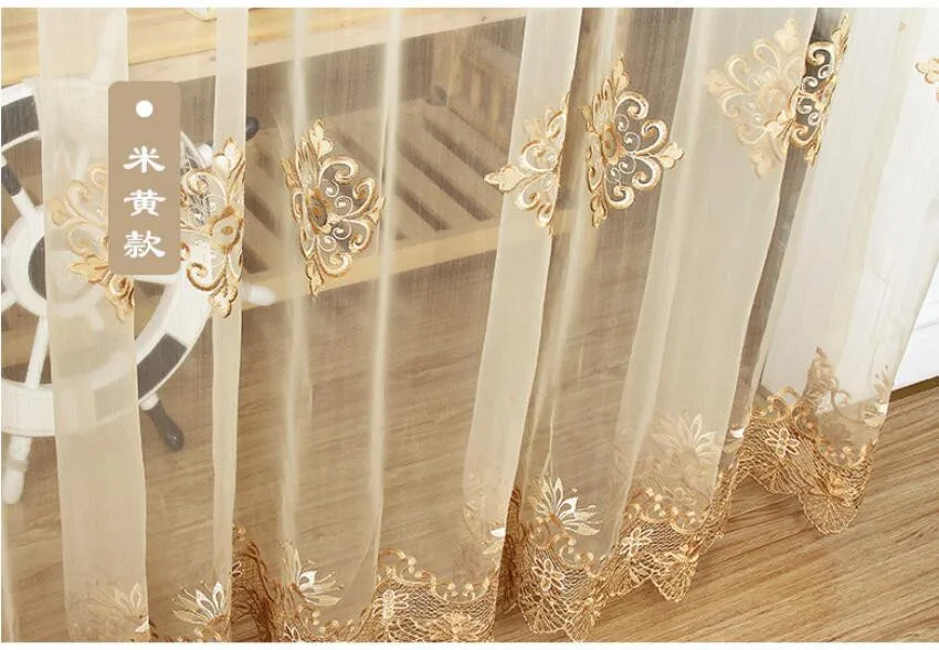 Роскошные вышитые прозрачные вуаль шторы для окон Cortina для гостиной двери золотые кружевные занавески Тюль окна