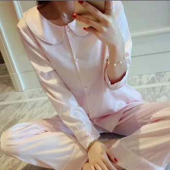 

Spring Autumn Pajamas Girl Lovely Long Sleeve Trousers Sleepwear Women High-Grade Silk Pajama Suit Lapel Pink Cute Homewear