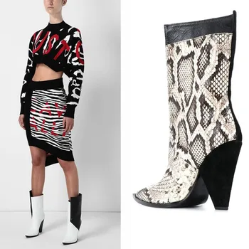 

US4-11 Womens Mid Calf Boots Snake Pattern Stitching Real Leather Pull On Spike High Heel Chelsea Shoes Pointy Toe Plus Size