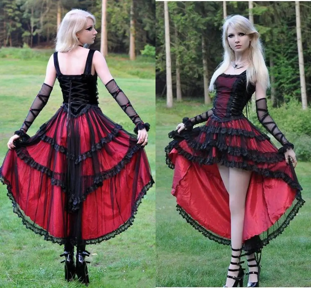 

Red and Black High Low Prom Formal Dresses Vintage Retro Lace-up Corset Back Gothic Lace Homecoming Evening Gown Plus Size