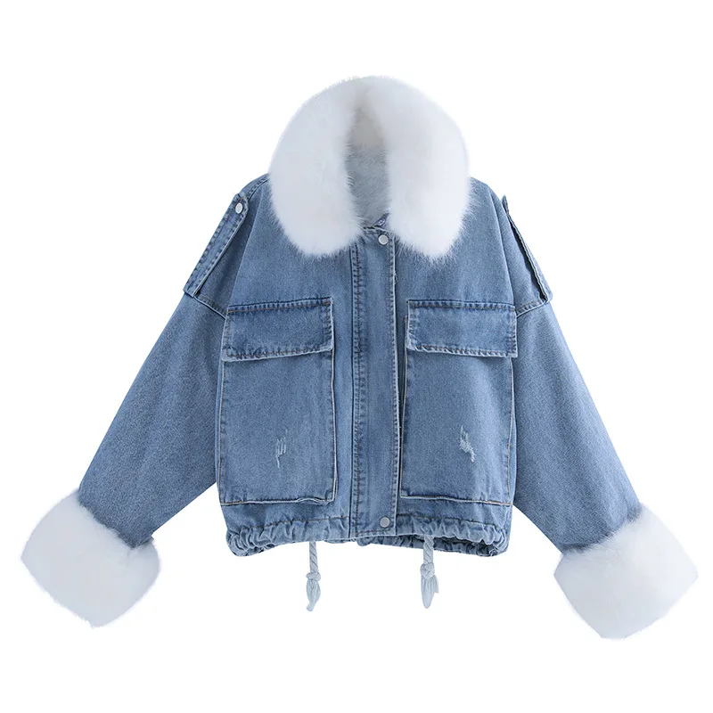 discount  Korean Thicken Women Jeans Jacket Winter 2019 Long Batwing Sleeve Big Fur Collar Warm Ladies Loose 