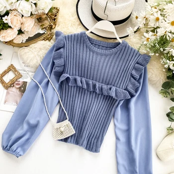 

MUMUZI autumn women's shirt long-sleeved wood ear knitted tops slim slimming chic sweet style short sweater mesh patchwork tops