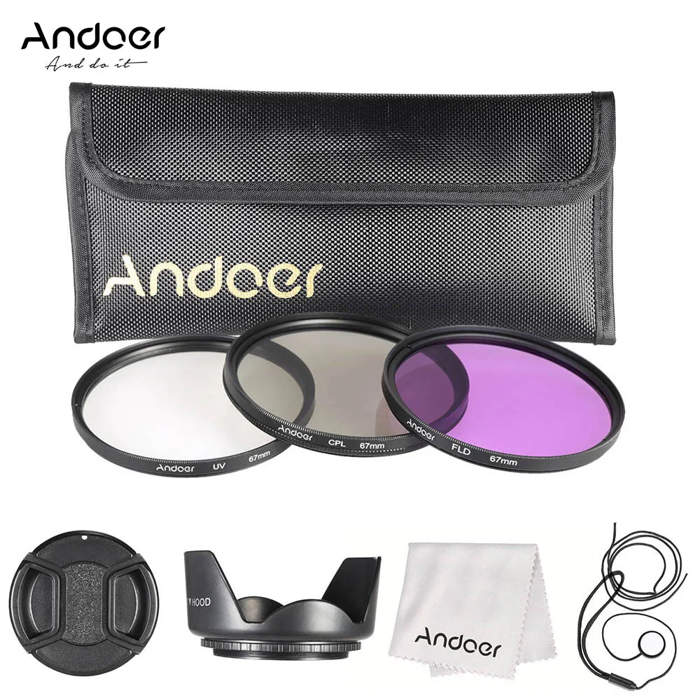 Комплект фильтров Andoer 67 мм(UV+ CPL+ FLD)+ нейлоновый чехол для переноски+ крышка объектива+ держатель крышки объектива+ бленда+ салфетка для очистки объектива