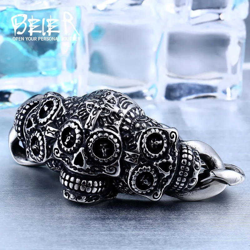 CoolSteelAndBeyond Men's Large Skull Bracelet - Stainless Steel Gothic Punk Cuff (Old Used Metal Finish) - View #2