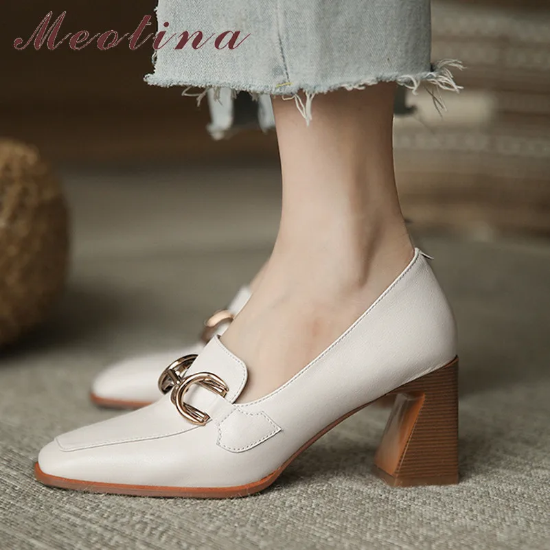 

Meotina Genuine Leather Pumps Woman Shoes Square Toe High Heels Block Heel Shoes Metal Decoration Female Footwear Spring Beige