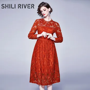 

2020 new spring autumn fashion designer long dress for women long sleeve slim casual lace elegant retro gorgeous dresses red