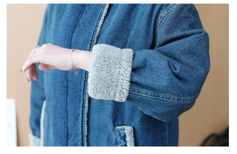 Новинка 5XL, осенне-зимние женские пальто размера плюс, модное повседневное свободное одноцветное пальто из овечьей шерсти, толстое хлопковое джинсовое пальто для женщин, Джинсовая Верхняя одежда