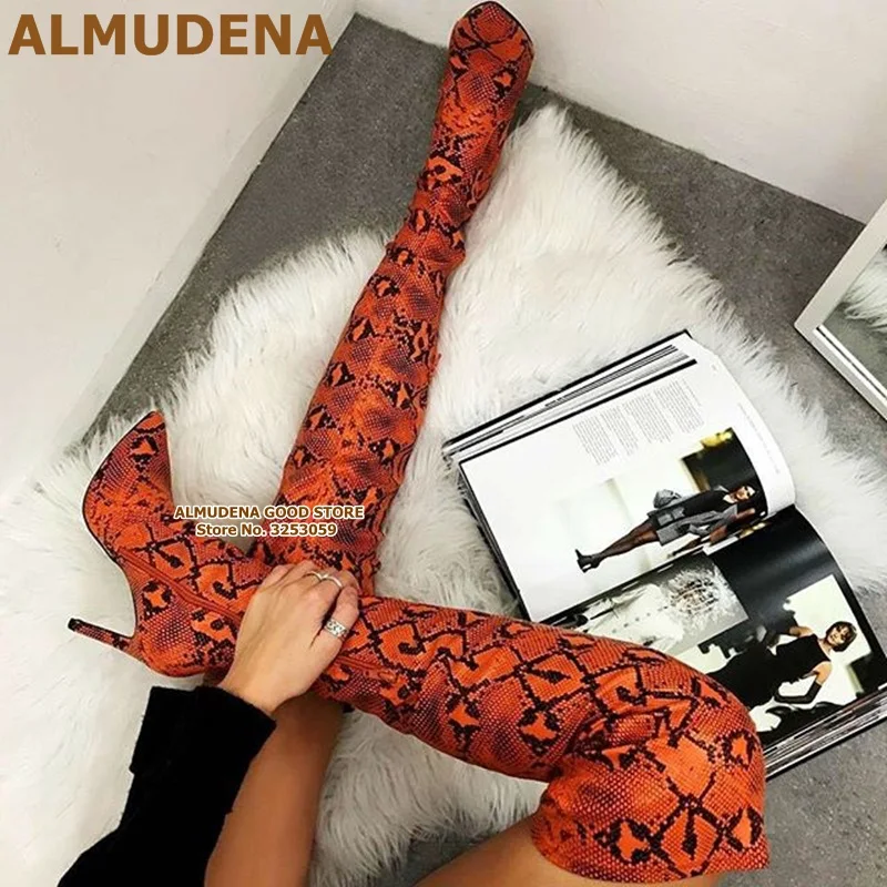 

ALMUDENA Orange Snakeskin Printed Thigh High Boots Pointed Toe Zipper Over The Knee Boots High Heel Python Pattern Tall Boots