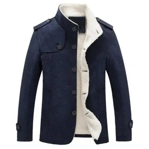 Dark Blue Одноцветная однобортная зимняя бархатная Теплая мужская куртка с длинным рукавом, шерстяная куртка с воротником-стойкой - Цвет: Dark Blue