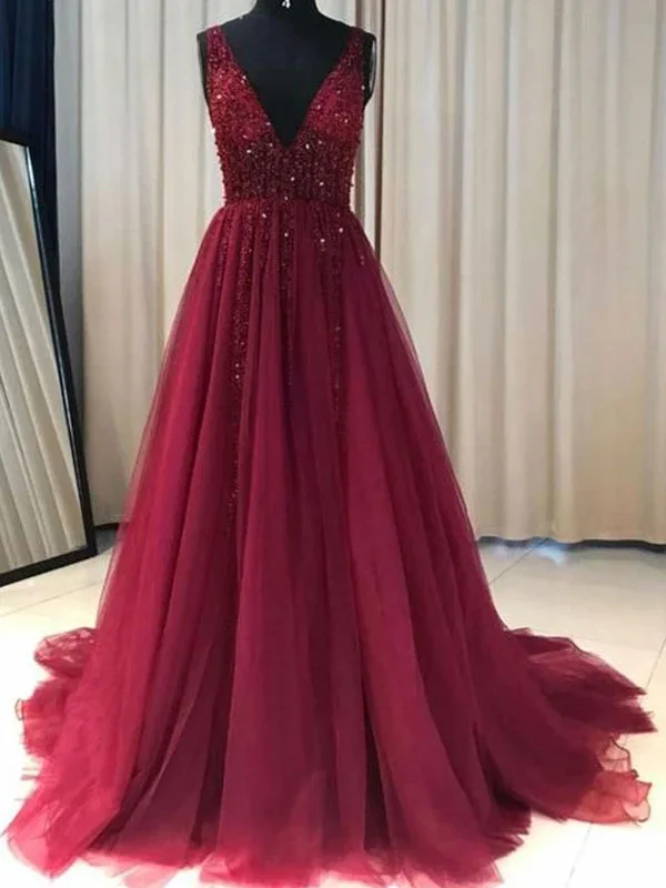 

2020 Sweet Wine Red deep v-neck sleeveless sexy illusion appliques crystal a-line Prom Dresses Evening Gowns robe de soiree