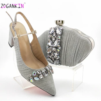 

2020 New Arrivasl Italian Design Italian Women Shoes and Bag Set in Silver Color Pointed Toe Sandals for Garden Party