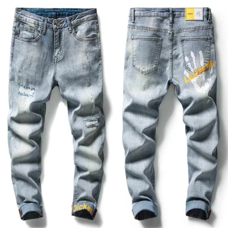 Promo Men's Fashion Jeans  Casual Stretch Slim Classic Trousers Denim Pants Male Pencil Casual Leggings Jeans blue Retro Hole Jeans