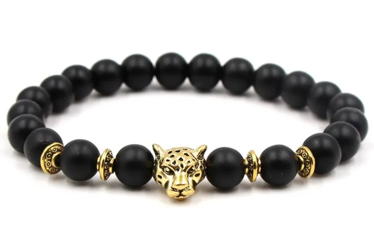 

8mm adjusted Charm head nature stone bead copper Frosted agate Onyx Bracelet dgh34d leopard head Reiki Chakra Buddha Yoga