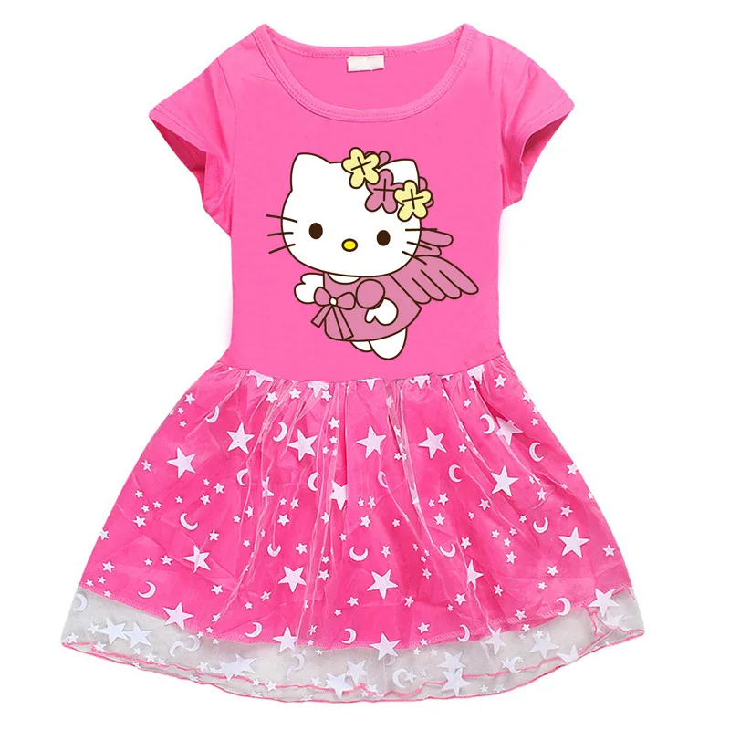 thumbnail image 1 of Hello Kitty nuevo vestido de estilo europeo y americano para niñas falda de princesa de manga corta de hilo de red de estrella y Luna de algodón para niños, 1 of 5