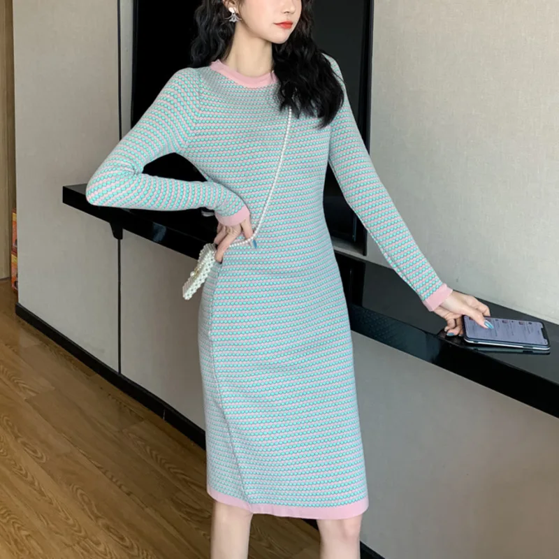 

New Knitted Jacquard Sweater Vestidos Autumn Winter Korean Stretch Pencil Bodycon Dresses Simple O-neck Work Casual Dress Women