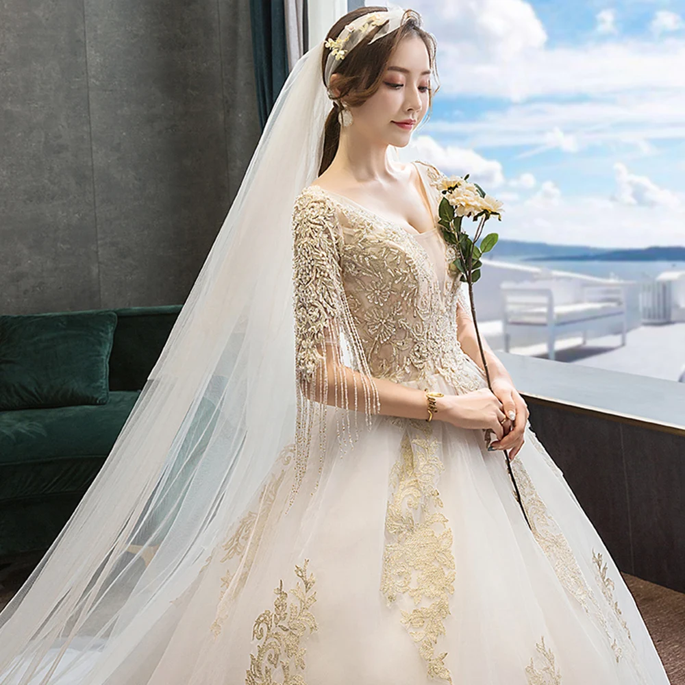 На заказ бальное платье принцессы свадебное платье Vestido De Noiva Princesa с v-образным вырезом на шнуровке Золотое вечернее платье с вышивкой бисером элегантное