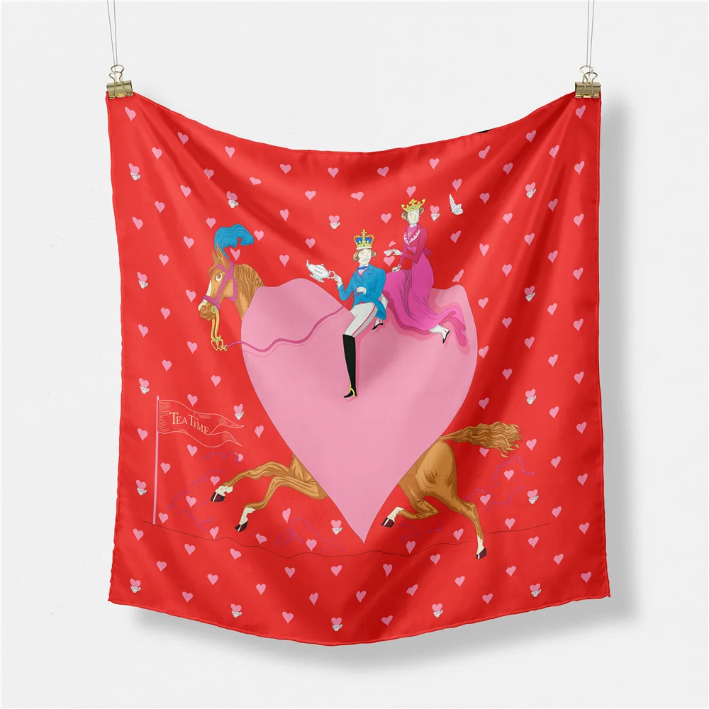 Twill Silk Scarf Woman Lover Heart Painting Square Scarves Wraps Bandana Small Hijab Silk Foulards Tie Headband Neckerchief 53CM 4