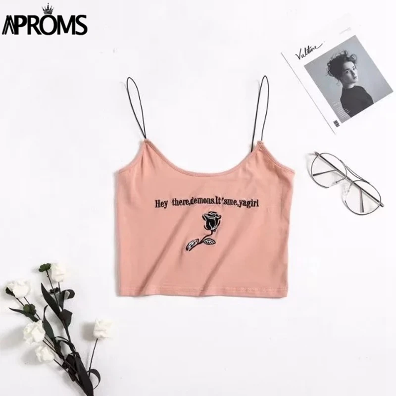 Розовый Aproms, уличная одежда, с вышивкой розы, базовые женские майки, высокая мода, яркие, тянущиеся, кроп-топ, 90 s, крутые, для девочек, короткие, бюстье, топы на бретелях - Цвет: Розовый