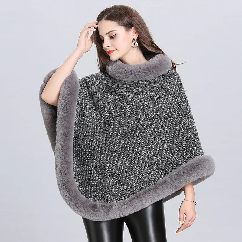 Женские кейпы пончо Осень и зима искусственный Лисий мех хаки шаль вязаный треугольный меховой свитер плюс размер пуловер пальто меховой для шеи