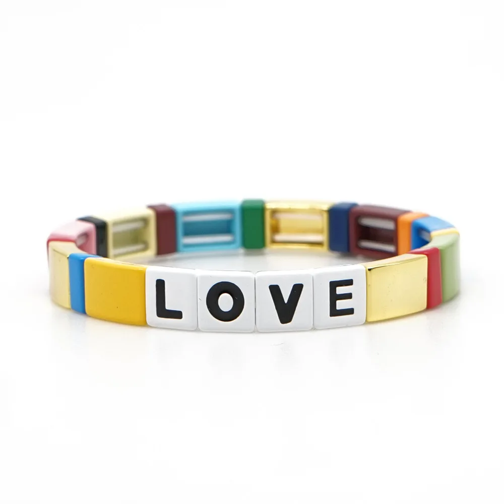 colour 3 Модный богемный браслет ручной работы с бусинами и надписью Love, эмалированный Радужный Штабелируемый браслет из сплава для пары, модное ювелирное изделие для влюбленных - Окраска металла: colour 3