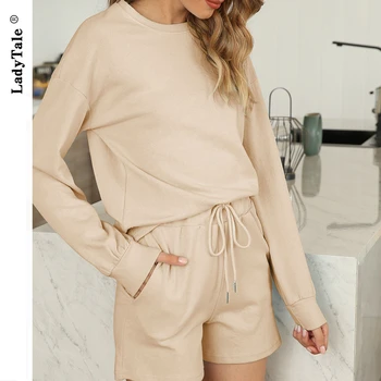 

LadyTale 2020 Long Sleeve Home Active Wear Two Piece Set Women Solid Shorts Pockets Comfortable Fashion Female 2020 Women's Suit