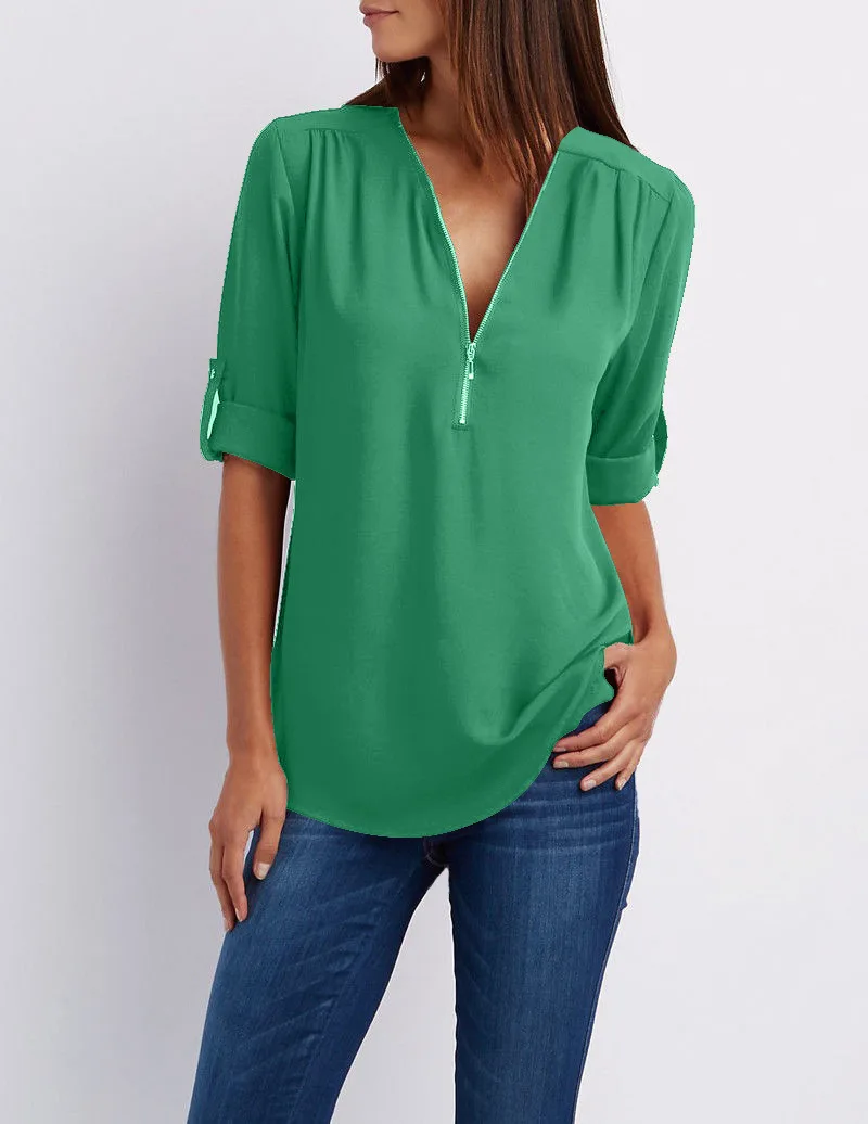 S-5XL Women Chiffon Blouse Casual Half Sleeve V-Neck Zipper Blue Irregular Loose Shirts Summer Autumn Sexy Tops Plus Size Shirts