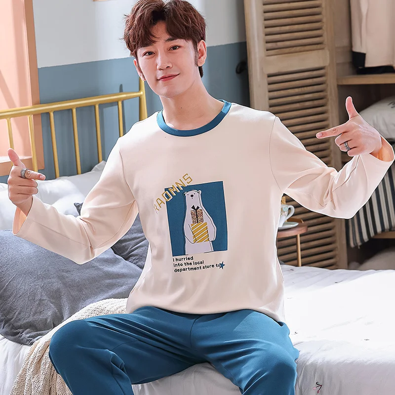 men pajama set Осенне-зимняя Трикотажная хлопковая Мужская пижама с героями мультфильмов, комплект полосатых пижам, повседневная мужская одежда для сна, ночная Пижама, 3XL, домашняя одежда - Цвет: men pajama set