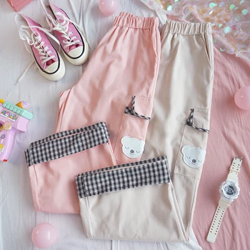 

Harajuku Kawaii Cargo Pants Women Cartoon Embroidery Plaid Trousers Teenage Girl Cute Causal Loose Pink Wide Leg Pants Female