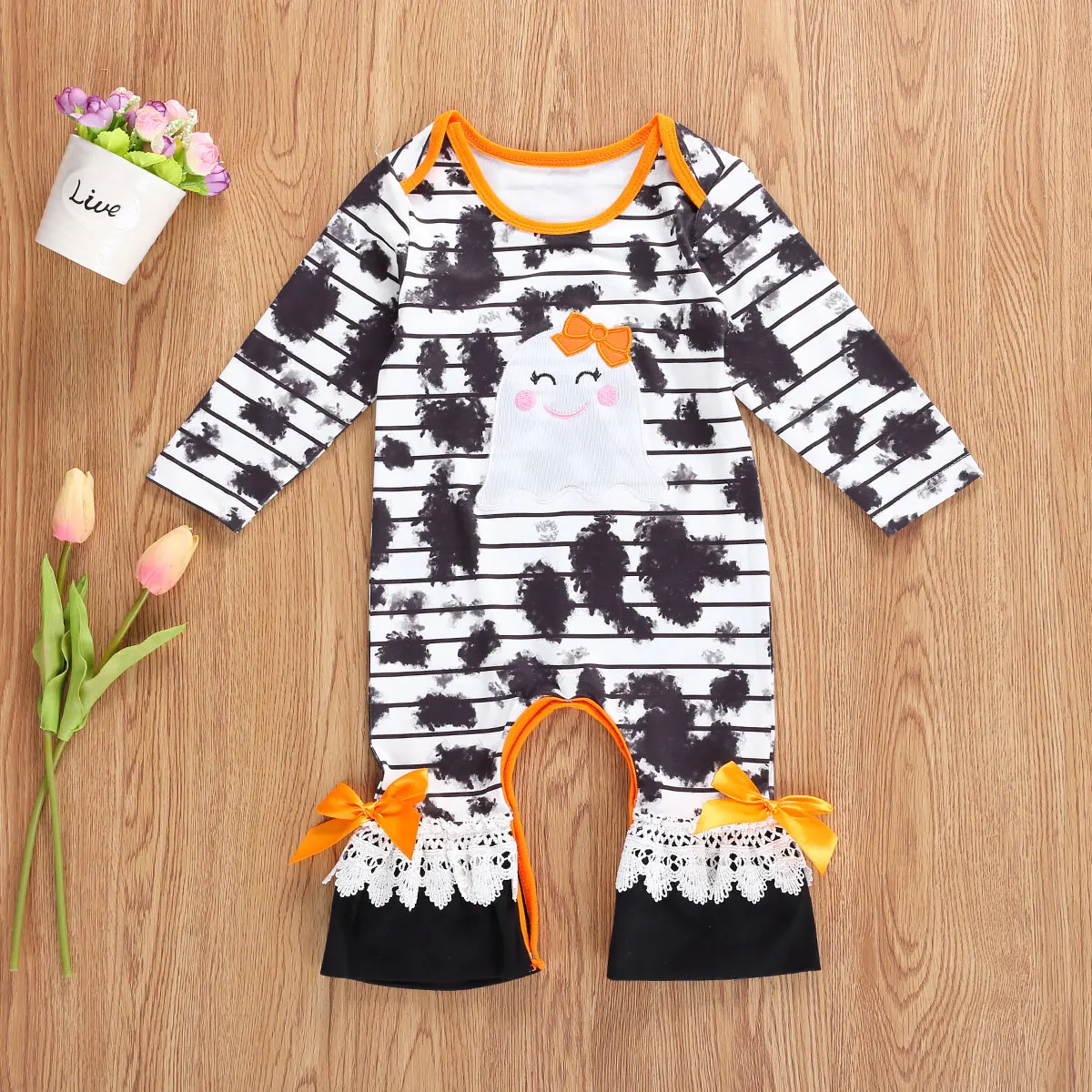 0-24 Months Autumn Baby Girls Boys Rompers Halloween Costume Tie-Dye Printed Long Sleeve Ruffles Jumpsuits Outfits