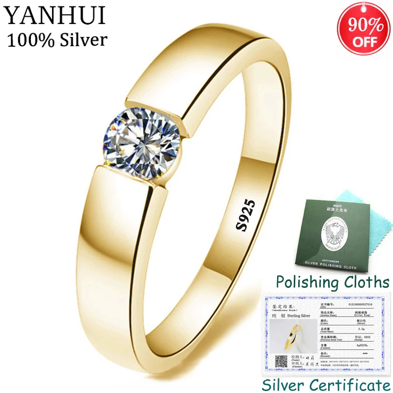 YANHUI с сертификатом серебро 925-й пробы/золотые свадебные кольца для Love'r Подарок Обручальное кольцо с фианитами кольца для мужчин и женщин - Цвет основного камня: Gold