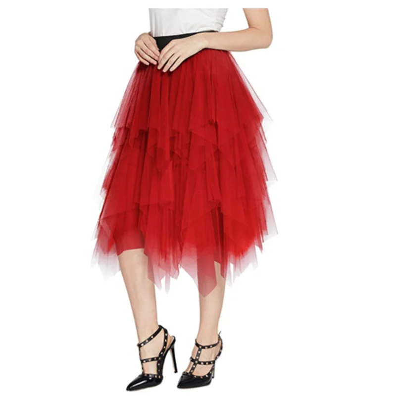 

Sweet Irregular Overlapping Tulle Skirt Lady Multilayer Pop Transparent Mesh Pleated Skirt Wine Red knee Length Skirt Petticoat