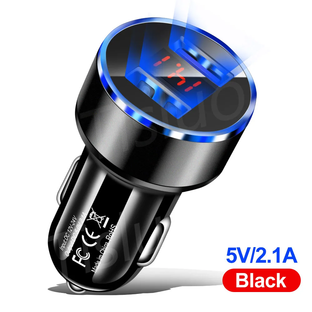 black Автомобильное зарядное устройство с двумя usb-портами, светодиодный дисплей, быстрое зарядное устройство для samsung S8, S9, Xiaomi, huawei, iPhone Xs, мини USB, автомобильное зарядное устройство - Тип штекера: black