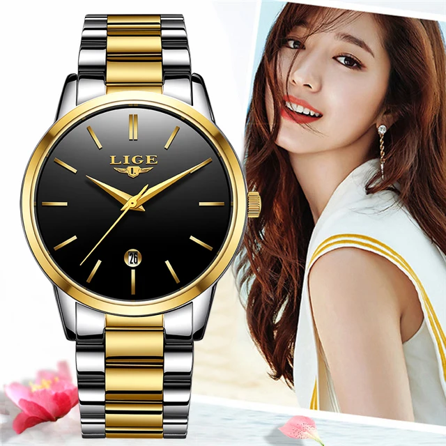

Women Watches LIGE Gold Black Clock Stainless Steel Quartz Wristwatch Female Casual Charm Watch for Ladies relogios feminino