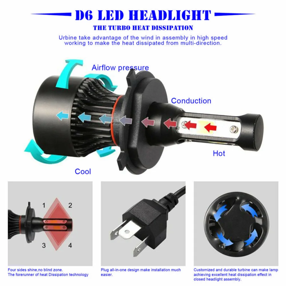 4 стороны H4 светодиодный фары комплект лампы противотуманных фар 6500 к 9003 HB2 2500W 375000LM DC 9 V-32 V постоянного тока