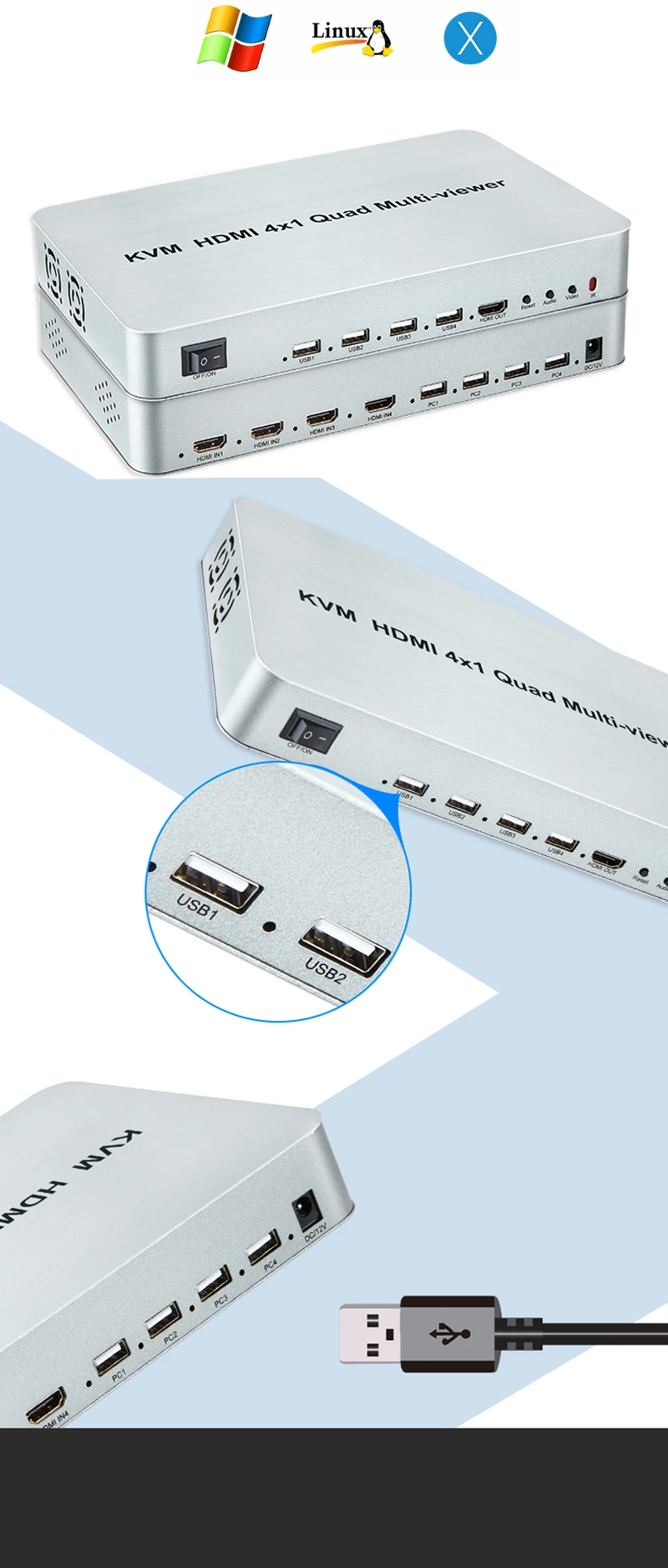 KVM HDMI 4x1 Quad мульти-просмотра бесшовный переключатель сегментация экрана Switcher 4 в 1 выход USB клавиатура мышь управление 4 ноутбук ПК