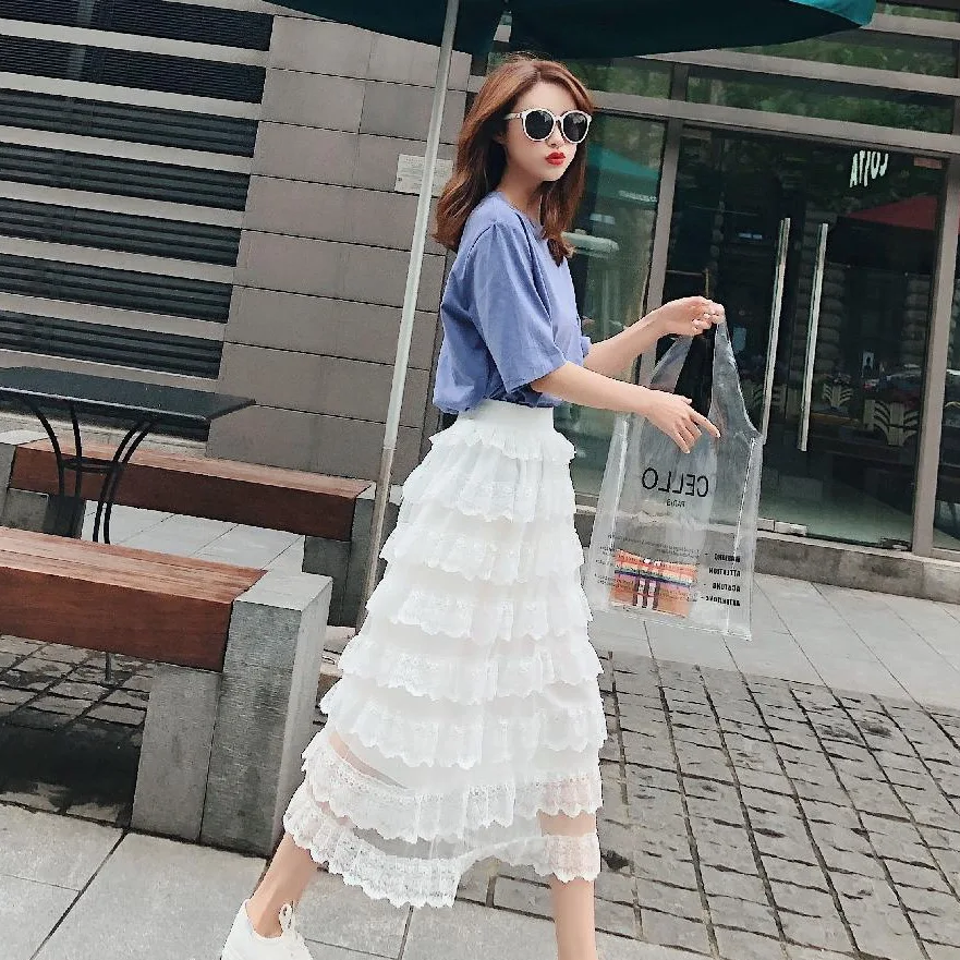 

Photo Shoot Simple Short Sleeve round Collar T-shirt CHIC Gauze Lace College Style Fairy Cake Skirt Two-Piece Set