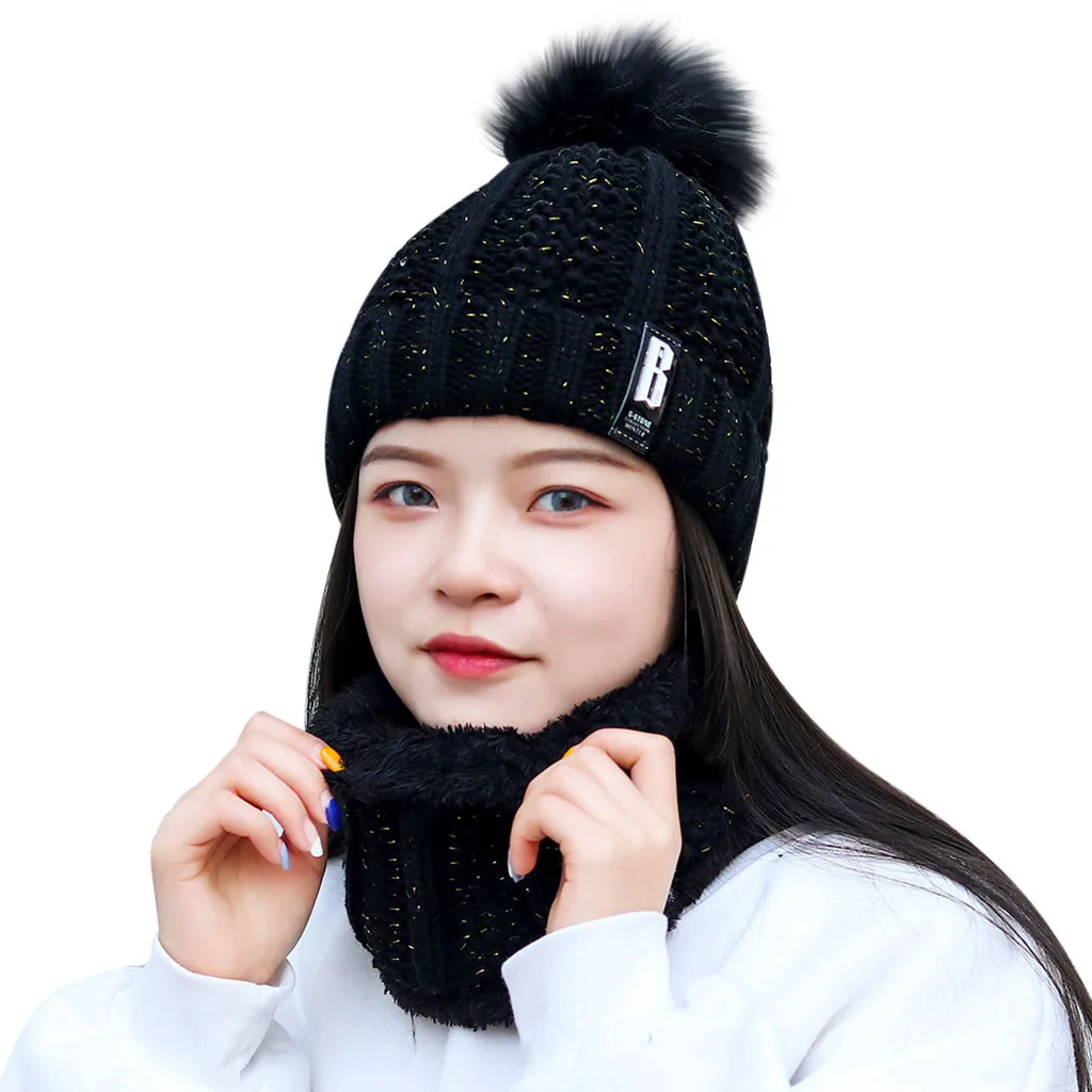 Women's Warm Solid Plus Thicken Scarf And Hat Two-Piece Knit Windproof Cap Winter Accessories Hat And Scarf Girls Gift Knitted - Цвет: Черный