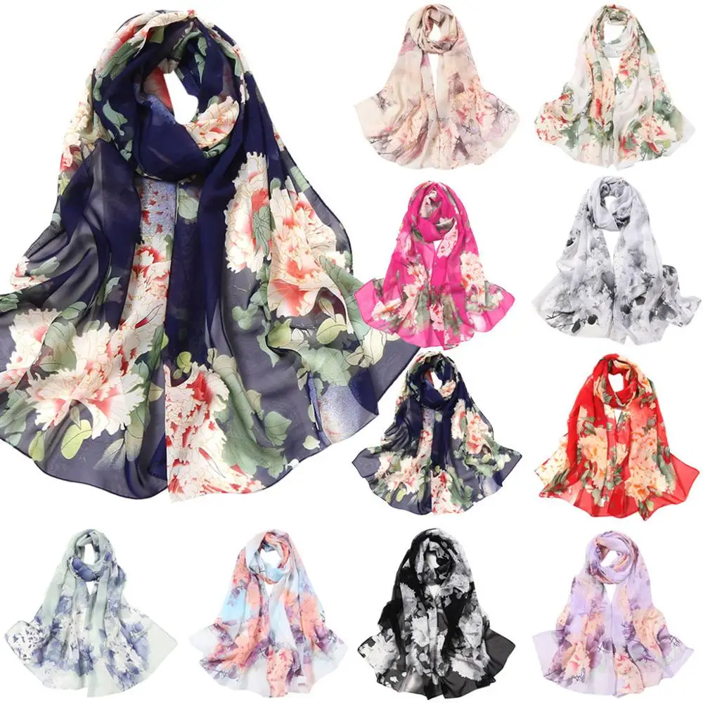 

Fashion Flower Print Soft Scarf Women Polyester Long Scarves