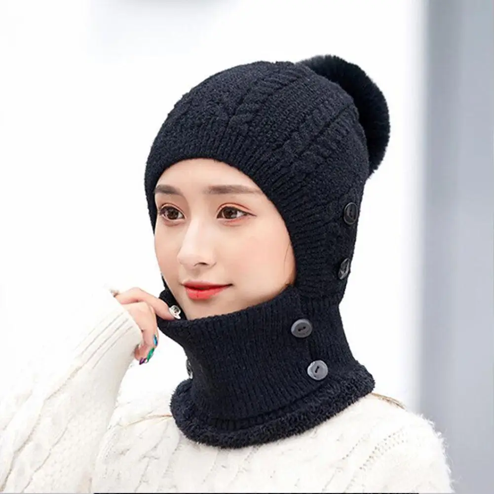 MISSKY Lady Warm One-piece Women Hat-Mask-Scarf Winter Thicken Knitting Wool Ball Riding Outdoor Beanies For Female