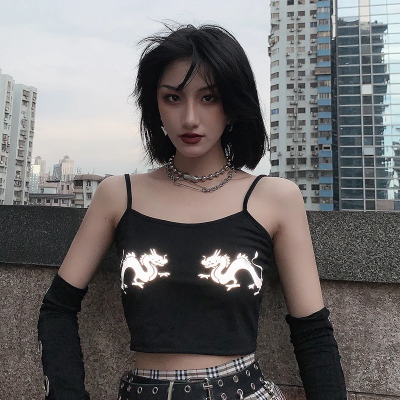 

Qlychee Sexy Reflective Dragon Print Women Camis Crop Top Off Shoulder Slim Lady Camis Tops Solid Color Summer Women Camis