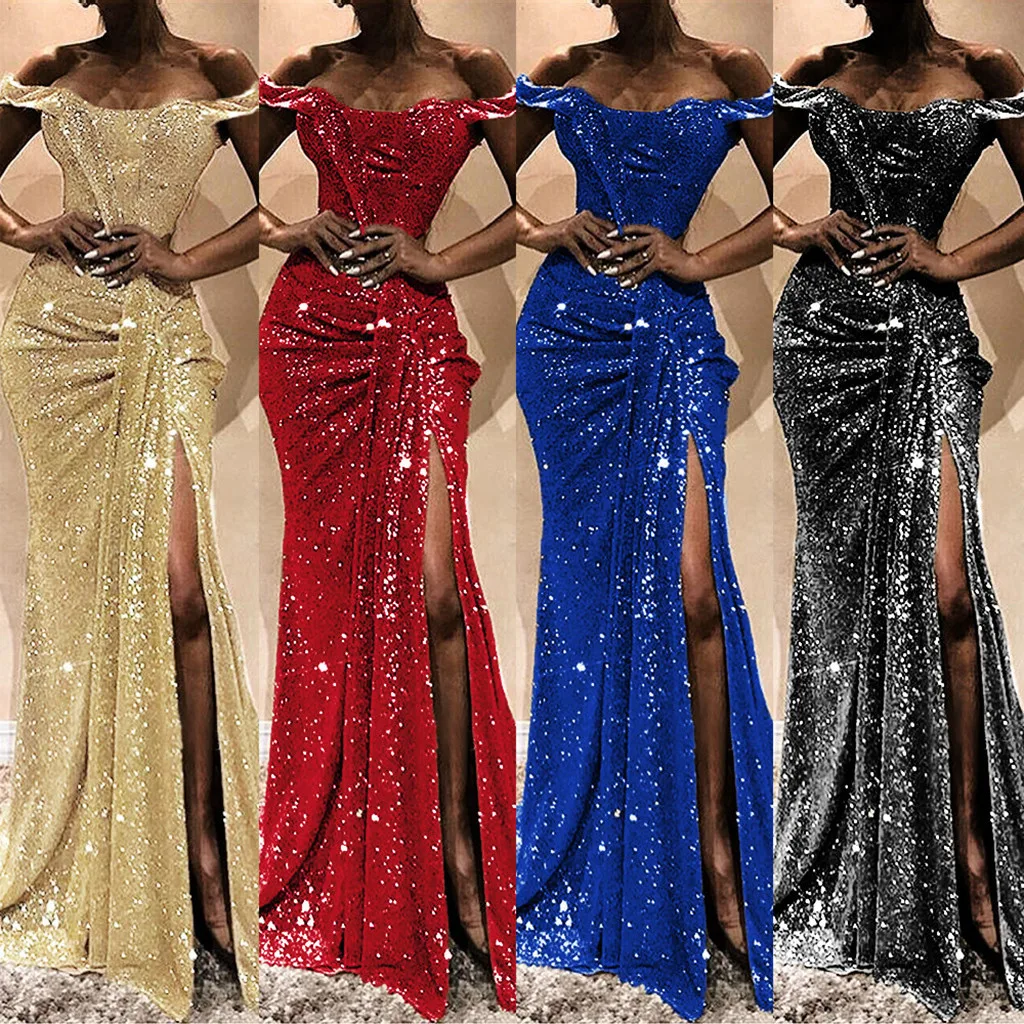 

2019 Shoulder Floral Women Sexy Sequined Stitching Shining Banquet Evening Party Maxi Plus Size S-3XL Pleated buttons vestidos