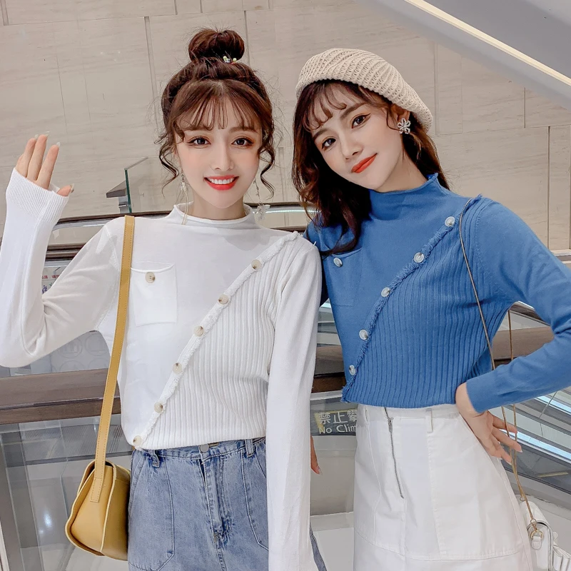 

Autumn Winter Women Knitting Full Sleeve Buttons Turtleneck Sweaters Pullovers Girls Knitted Soft Tassels Stretchy Tops Knitwear