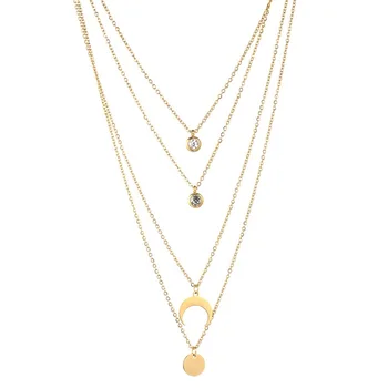 

Stainless Steel 4 Layer Crystal Coin Moon Pendant Necklaces For Women Multilayer Chain Simple Jewelry