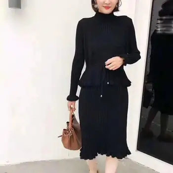 

Winter Elegant Lace Up Knitted Two Piece Outfits Solid Elastic Waist Turtleneck Women's Set Plud Size 2 Peice Set