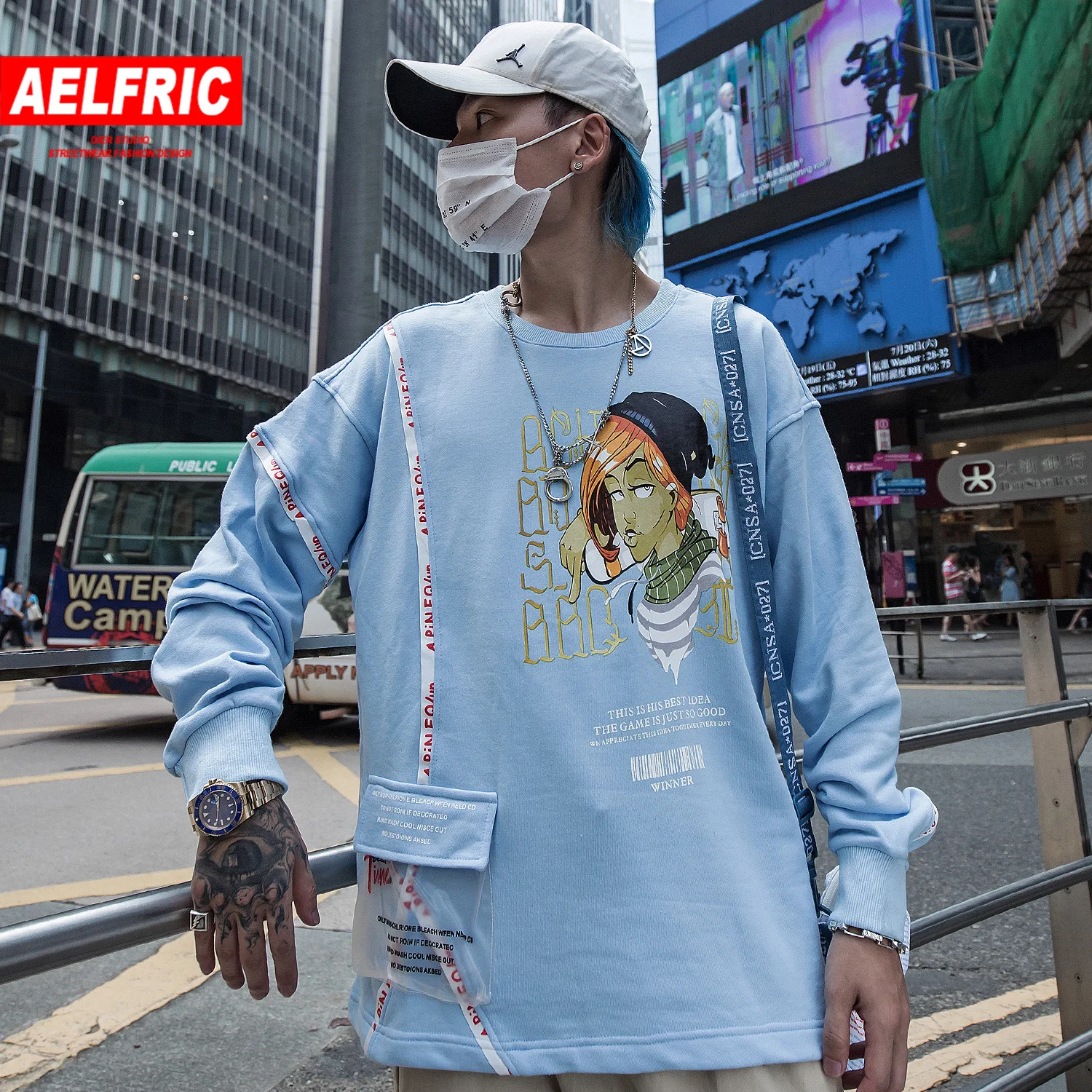 AELFRIC толстовки с печатными надписями для мужчин Осень Harajuku Уличная Повседневная хлопковая карманная пуловер модный хип хоп длинный рукав