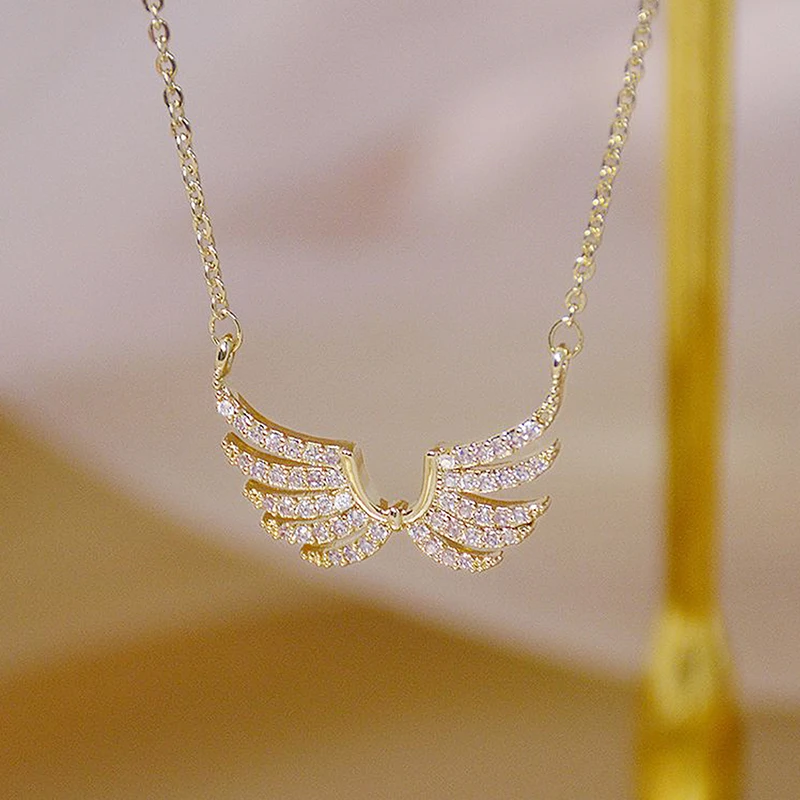 14k Real Gold Exquisite simplicity Angel Wings Necklace Charm Short Design Clavicle Zircon Women Kolye Birthday Gift Pendant