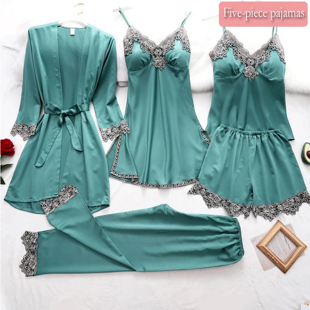 Four seasons new five-piece set with chest pad imitation silk feminine night gown, bathrobe, home service, long-sleeved pajamas gree