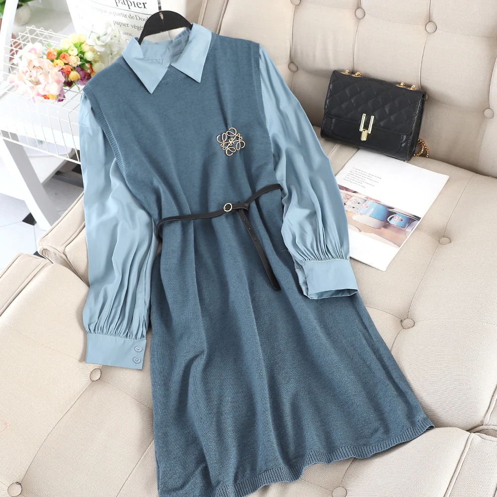 

TYHRU Autumn Ladies Long-sleeved Shirt + Knitted Tank Dress Women Dress 2pcs Set Belted Brooch Fashion Outfit